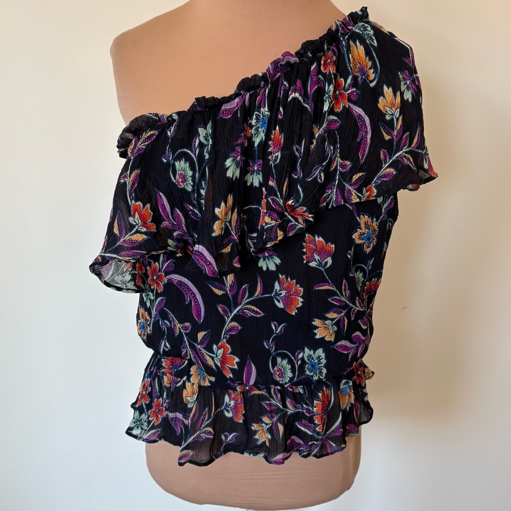 Ramy Brook Floral Printed Aurora Navy Jardin Blue One Shoulder Top EUC Small - Picture 5 of 12
